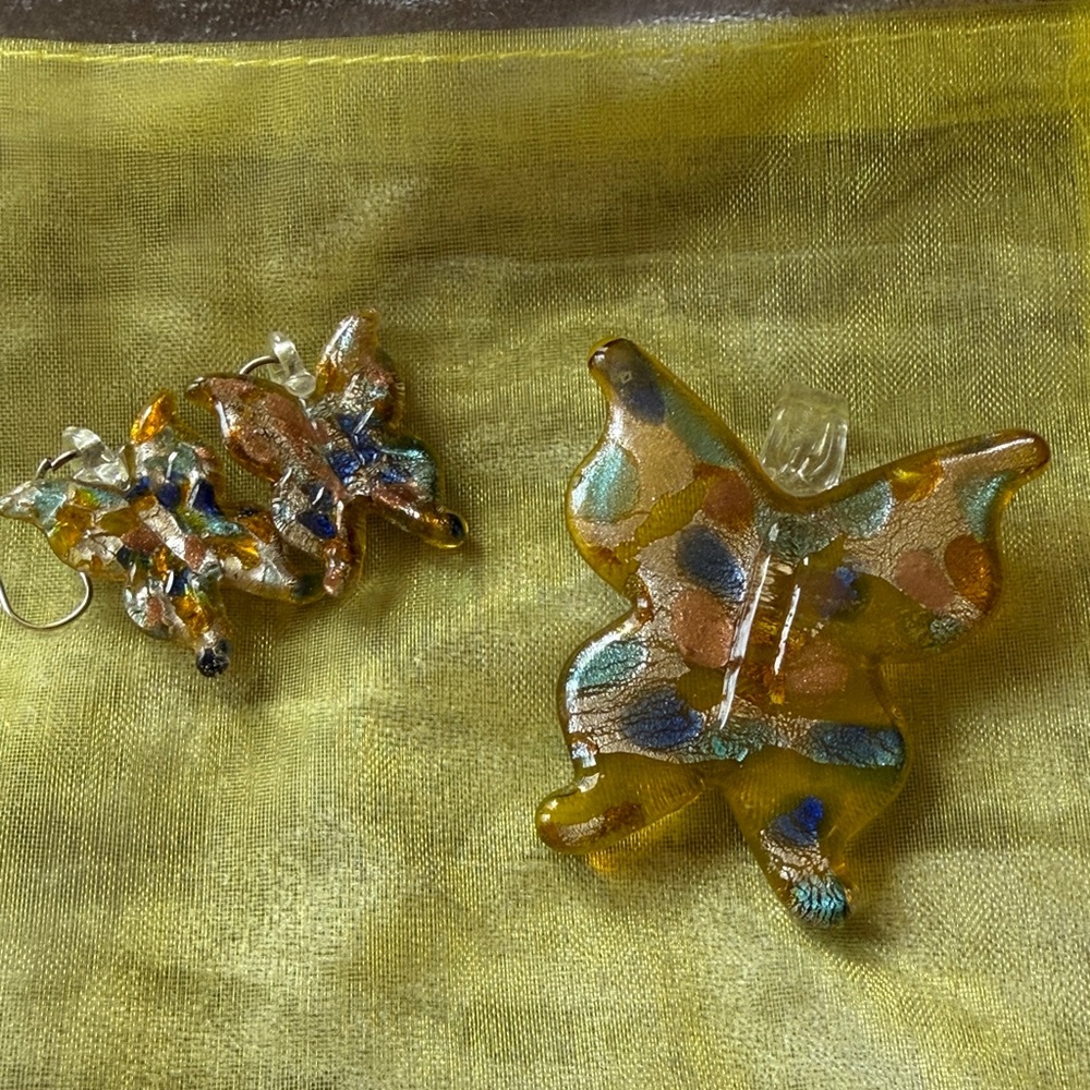 Vintage Murano Yellow Glass Butterfly Pendant and Earrings Set